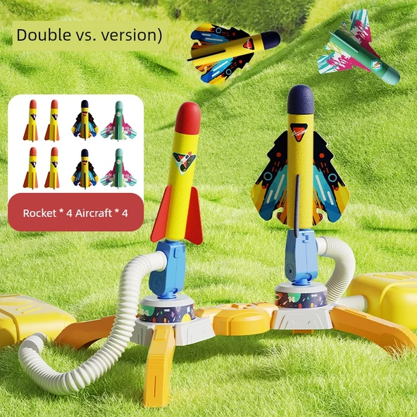 Çocuk Roket Fırlatıcı Oyuncak Seti - Çiftli Fırlatıcı + 4 Roket + 4 Uçak
