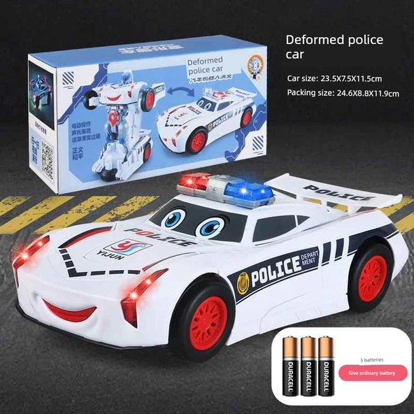 Otomatik Dönüşen Polis Araba Robot Oyuncak - Standart Beyaz Polis Araba, Bataryalı