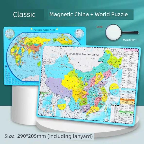 Manyetik Çin ve Dünya Puzzle Harita Seti - Orta Boy + Büyüteç