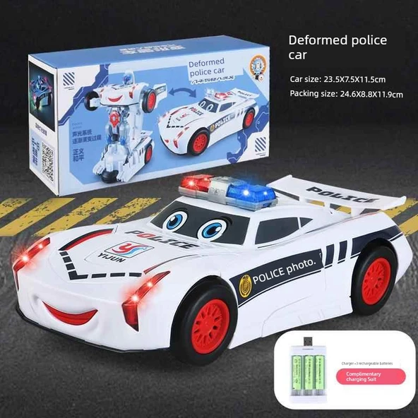 Otomatik Dönüşen Polis Araba Robot Oyuncak - Üst Model Beyaz Polis Araba, Batarya ve Şarj Aleti