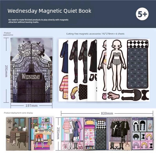 Manyetik Sessiz Kitap - Wednesday ve Küçük Kurt Kız (Çift Karakter, 6 Sahne, 12 Kıyafet)