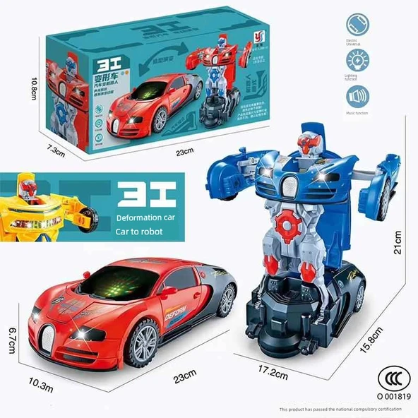 Otomatik Dönüşen Kırmızı Spor Araba Robot Oyuncak - Standart Model, Bataryalı