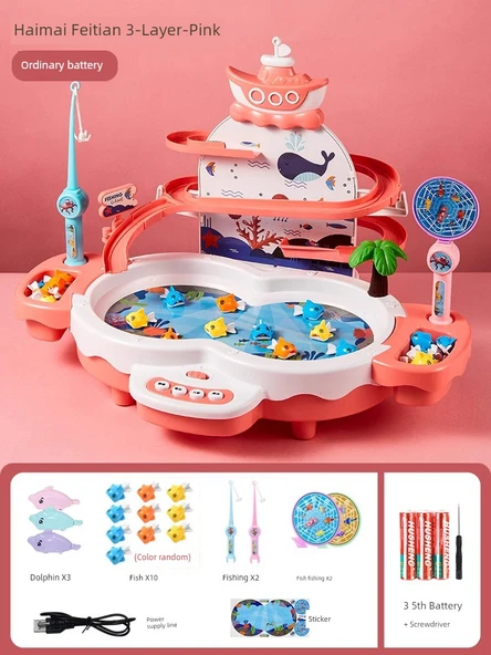 Manyetik Balık Tutma Oyuncak Seti - [Feitian Üç Katmanlı] Pembe (35 Parça) - Standart Pil