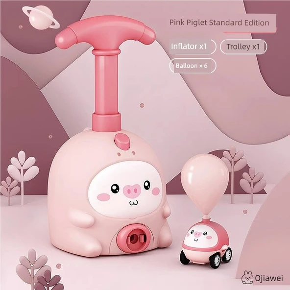 Çocuklar İçin Eğitici Oyuncak Araba Seti - Pembe Domuzcuk 1 Araba + 6 Top
