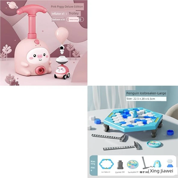 Çocuklar İçin Eğitici Oyuncak Araba Seti - Pembe Domuz 1 Araba + 16 Top + Uçan Set + Penguen Buzkıran