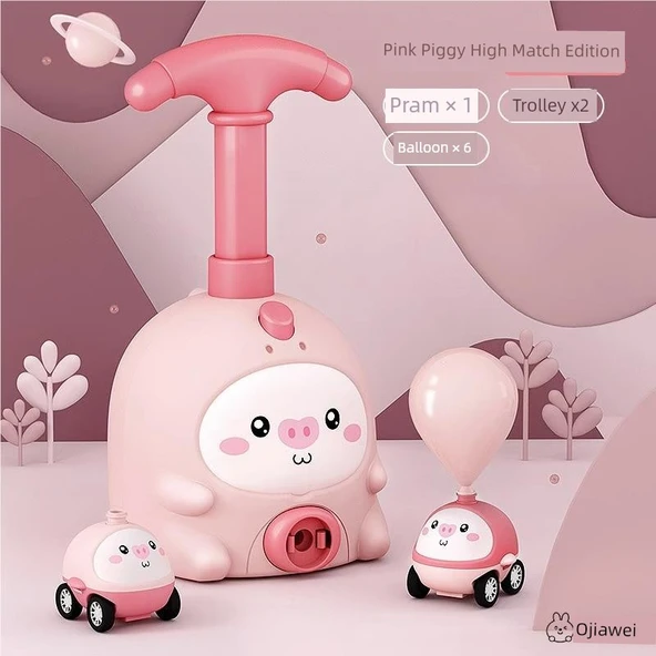 Çocuklar İçin Eğitici Oyuncak Araba Seti - Pembe Domuzcuk 2 Araba + 6 Top