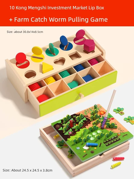 Montessori Madeni Para Kutusu - 10 Delikli + Çiftlik Solucan Yakalama ve Turp Çekme Oyunu