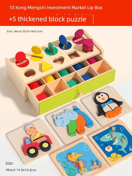 Montessori Madeni Para Kutusu - 10 Delikli + 5 Kalın Blok Puzzle