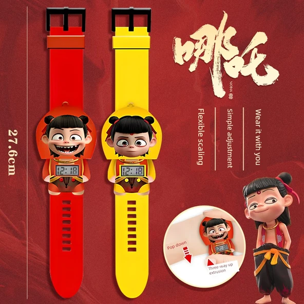 Nezha Anime Çocuk Dijital Saat - Kırmızı Nezha + Sarı Nezha, Geri Çekilebilir, Pilli - 1