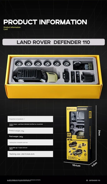 Çocuk Alaşım Land Rover Defender Model Araba Yapım Seti (Hediye Kutulu, Parça Değişimli) - 9