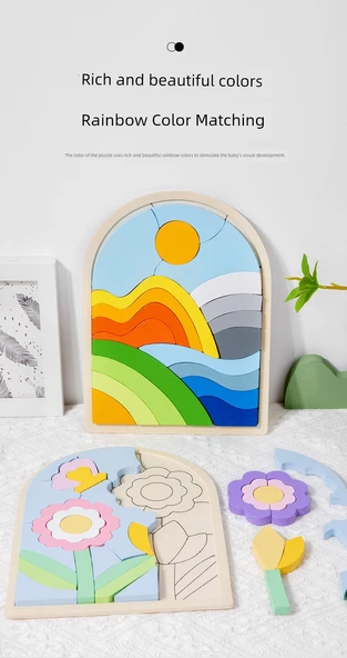 Gökkuşağı Eşleştirme Ahşap Puzzle - Çiçek Temalı - 9