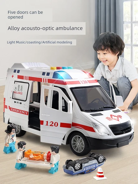 Oyuncak Araba Seti - Ambulans, Polis ve Okul Otobüsü - 6 Metal Araba, 6 Bebek, Yol Bariyeri ve Harita - 2