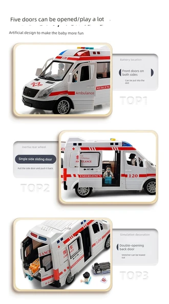 Oyuncak Araba Seti - Ambulans, Polis ve Okul Otobüsü - 6 Metal Araba, 6 Bebek, Yol Bariyeri ve Harita - 10