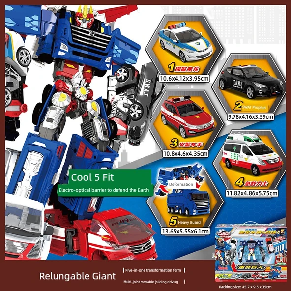 Dönüşen Robot Araba Oyuncak - Yeniden Yüklenmiş Dev 5'li [Çanta Hediye Kutusu]