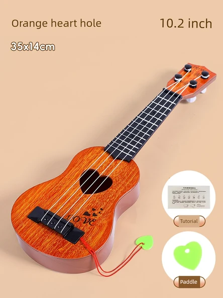 Çocuk Ukulele Gitar Oyuncak - 35cm Kalp Delikli Turuncu - Mızraplı