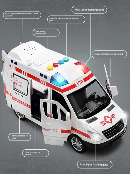 Oyuncak Araba Seti - Ambulans, Polis ve Okul Otobüsü - 6 Metal Araba, 6 Bebek, Yol Bariyeri ve Harita - 5