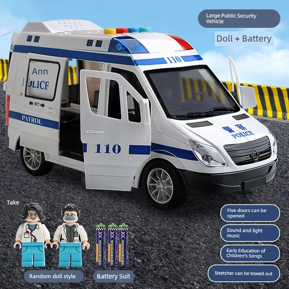 Oyuncak Polis Arabası - 5 Kapılı - 2 Bebek Figürlü - Bataryalı