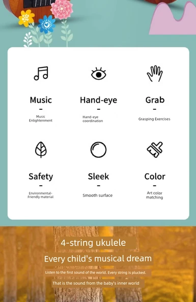 Çocuk Ukulele Gitar Oyuncak - 38cm Yuvarlak Delikli Ahşap Rengi - Mızraplı - 9