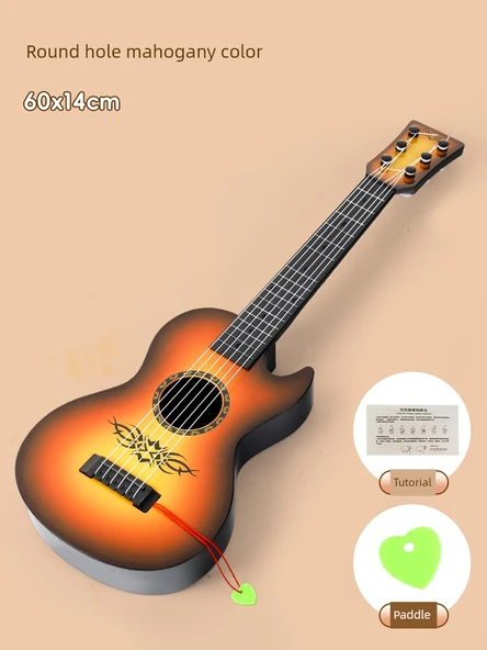 Çocuk Ukulele Gitar Oyuncak - 60cm Yuvarlak Delikli Maun Rengi - Pena ve Butik Kutulu
