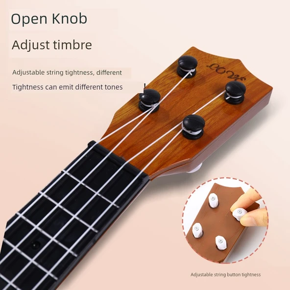 Çocuk Ukulele Gitar Oyuncak - 38cm Yuvarlak Delikli Ahşap Rengi - Mızraplı - 5