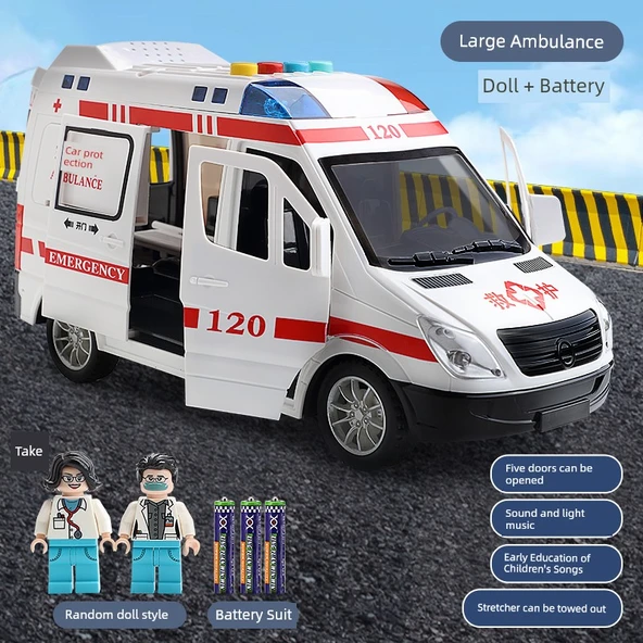 Oyuncak Ambulans - 5 Kapılı - 2 Bebek Figürlü - Bataryalı