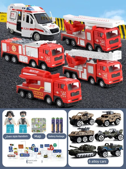 Oyuncak İtfaiye Kurtarma Seti - Ambulans ve 4 İtfaiye Aracı - 6 Metal Araba, 2 Bebek, Yol Bariyeri ve Harita