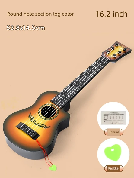 Çocuk Ukulele Gitar Oyuncak - 53.8cm Yuvarlak Delikli Ahşap Rengi - Pena ve Butik Kutulu