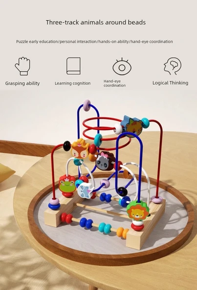 Montessori Bebek Boncuk Oyuncakları - 4 Parça Set: Hayvanlı Sarma Boncuk, Bükülmüş Solucan, Vurma Oyunu, Dört Sütun Seti - 6