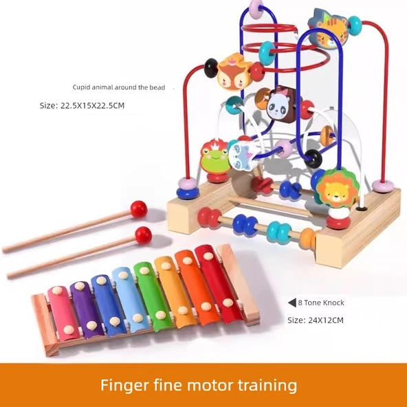 Montessori Bebek Boncuk Oyuncakları - 2 Parça Set: Hayvanlı Boncuk ve Oyuncak Piyano