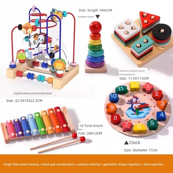 Montessori Bebek Boncuk Oyuncakları - 5 Parça Set: Hayvanlı Boncuklar, Vurma Oyunu, Dört Sütun Seti, Gökkuşağı Kule, Saat