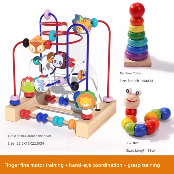 Montessori Bebek Boncuk Oyuncakları - 3 Parça Set: Hayvanlı Sarma Boncuk, Bükülmüş Solucan, Gökkuşağı Kule