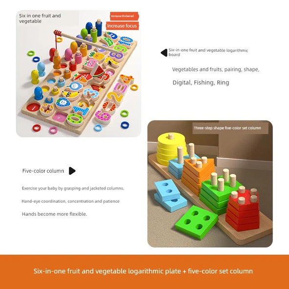 Ahşap Çocuk Puzzle - Altılı Meyve Sebze Logaritmik Tahta ve Beş Renkli Kule Seti