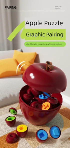 Elma Şeklinde Eşleştirme Oyunu - Büyük Elma Saklama Kutusu + 24 Küçük Elma + 12 Yapboz Kartı - Resim 8