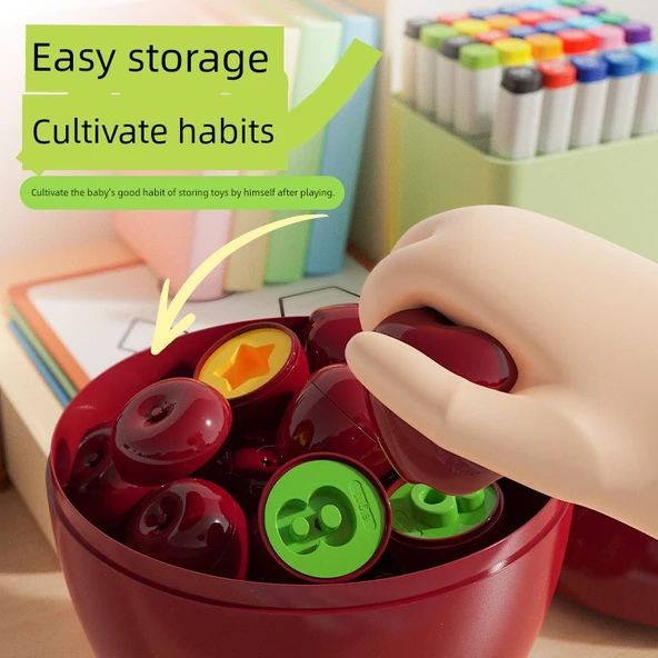 Elma Şeklinde Eşleştirme Oyunu - Büyük Elma Saklama Kutusu + 24 Küçük Elma + 12 Yapboz Kartı - Resim 6