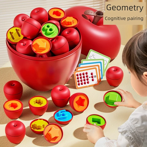 Elma Şeklinde Eşleştirme Oyunu - Büyük Elma Saklama Kutusu + 24 Küçük Elma + 12 Yapboz Kartı - Resim 2