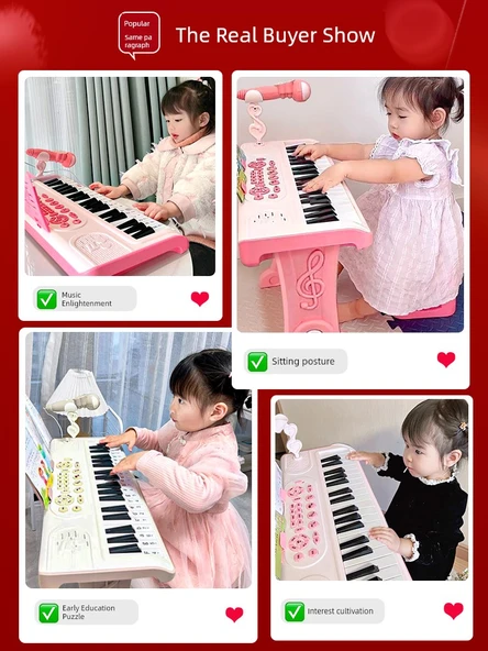 Büyük Boy Çocuk Elektronik Klavye Piyano - Prenses Tozu - Şarjlı, Masa Ayaklı, Stickerlı ve Mikrofonlu - Resim 3