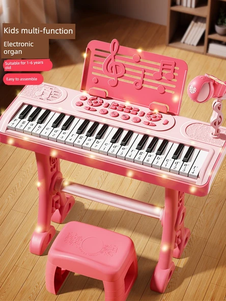 Büyük Boy Çocuk Elektronik Klavye Piyano - Prenses Tozu - Şarjlı, Masa Ayaklı, Stickerlı ve Mikrofonlu - Resim 2