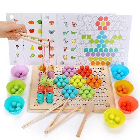 Montessori Ahşap Boncuk Klipsleme ve Balık Tutma Oyunu 2'si 1 Arada