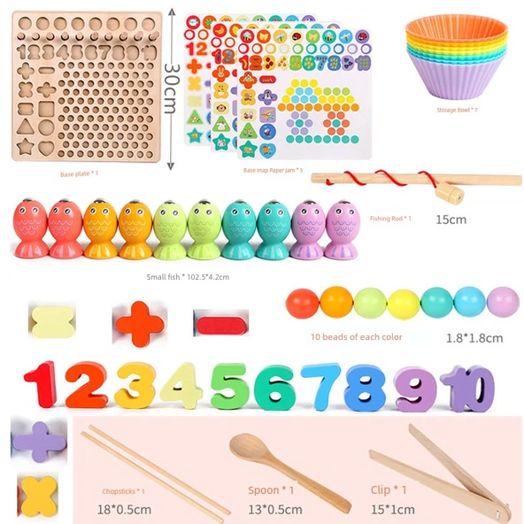 Montessori Ahşap Boncuk Klipsleme ve Logaritmik Tablalı Eğitici Oyuncak