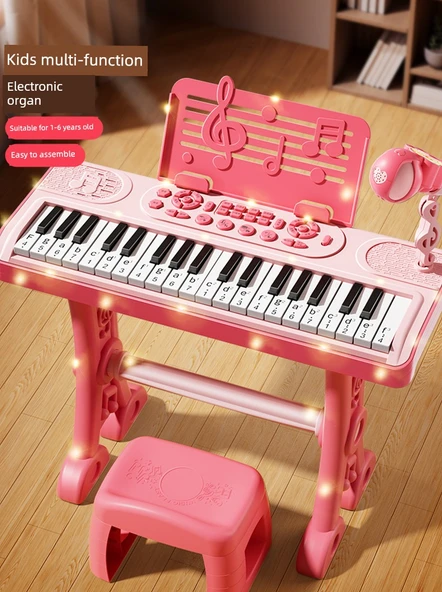 Büyük Boy Çocuk Elektronik Klavye Piyano - Peynir Beyazı - Şarjlı, Masa Ayaklı, Stickerlı ve Mikrofonlu - 6