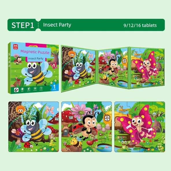 Manyetik Çocuk Puzzle - Asker Yeşili (Böcek Partisi)
