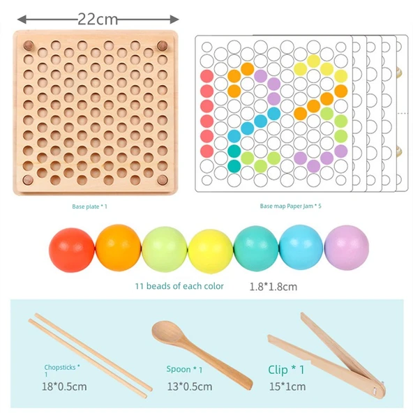Montessori Ahşap Boncuk Klipsleme ve Hafıza Satranç Oyunu 2'si 1 Arada