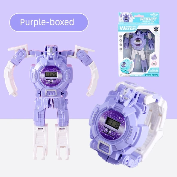 Dönüşebilen Dijital Saat Robot Oyuncak - Mor - Hediye Kutulu