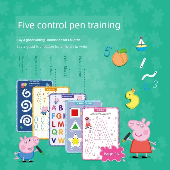 Çocuklar İçin Kalem Kontrolü Eğitim Kartı - Piggy Page Seviye 1+2+3+4 Tam Set - Resim 4