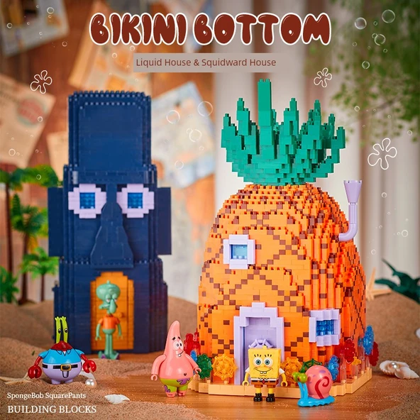 Sünger Bob Yapı Blokları - Ananas Ev + Taş Ev (10 Bebekli) - Kombinasyon Set - 1