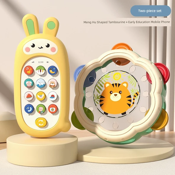 Bebek Müzikli Oyuncak Davul - Kaplan Tamburin + Eğitici Telefon