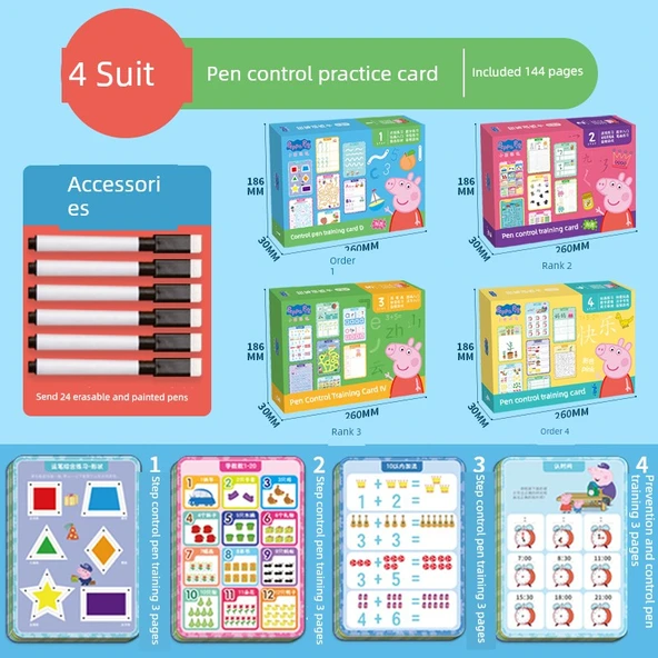 Çocuklar İçin Kalem Kontrolü Eğitim Kartı - Piggy Page Seviye 1+2+3+4 Tam Set