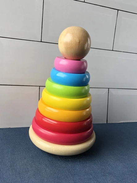 Ahşap Renkli Kule Oyuncak - Büyük Boy Gökkuşağı Kule
