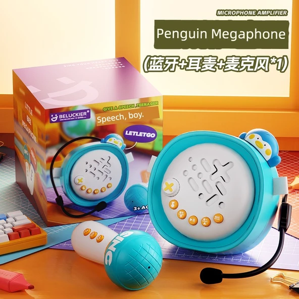 Mavi Penguen Hoparlörlü Tek Mikrofonlu Oyuncak - Bluetooth, Bulmaca, Eğitici, Sihirli Ses