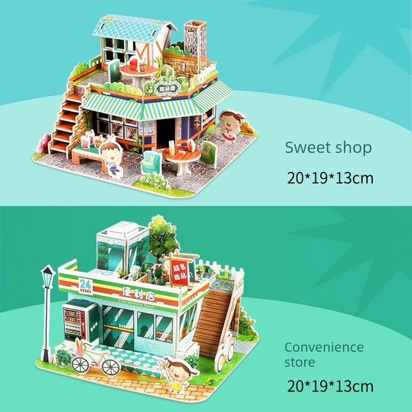 3D Ev Yapımı Puzzle Oyuncak - Şeker Dükkanı ve Market